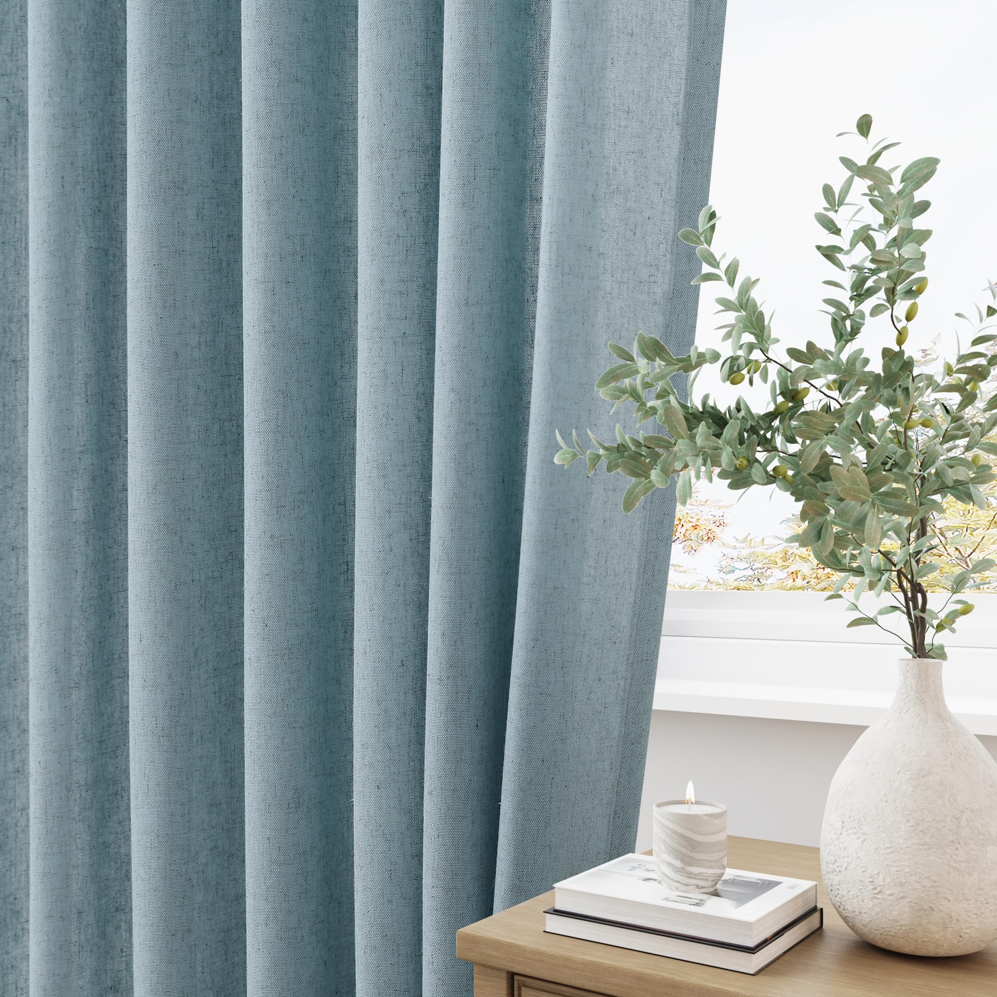 Amazon｜ダスティブルーピンチプリーツリネンカーテン長さ84インチ2